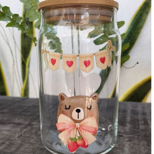 Vaso de cristal con diseño de osito coquette