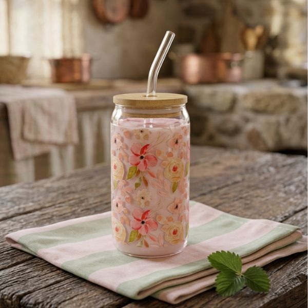 Vaso de cristal con diseño de flores en tonos rosa