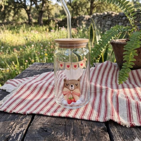 Vaso de cristal con diseño de osito coquette