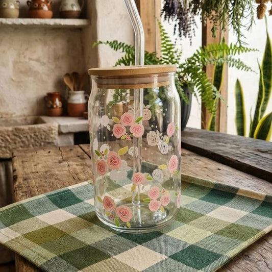 Vaso de cristal  con diseño de flores rosa