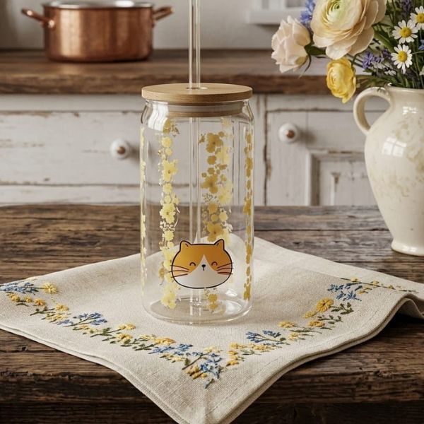 Vaso de cristal con diseño de gatito en tonos amarillos