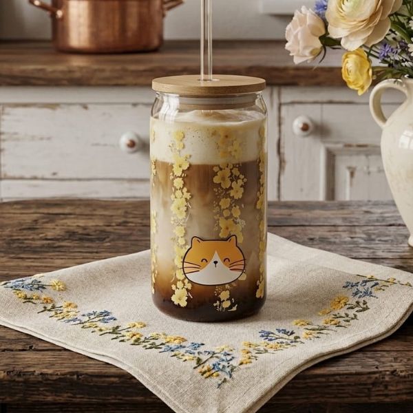 Vaso de cristal con diseño de gatito en tonos amarillos