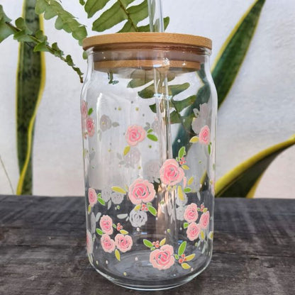 Vaso de cristal  con diseño de flores rosa
