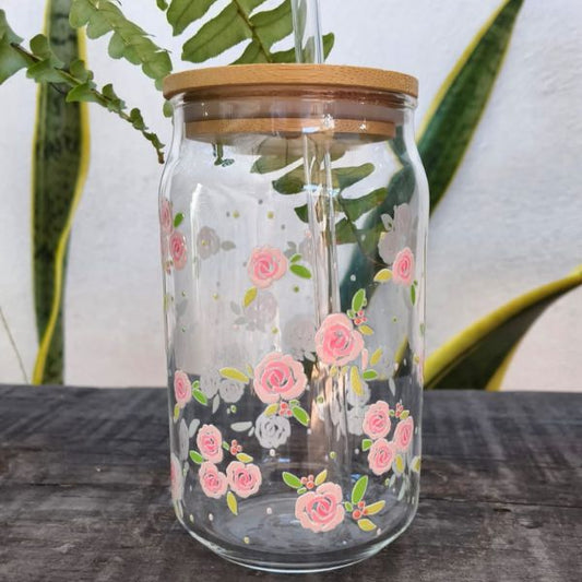 Vaso de cristal  con diseño de flores rosa