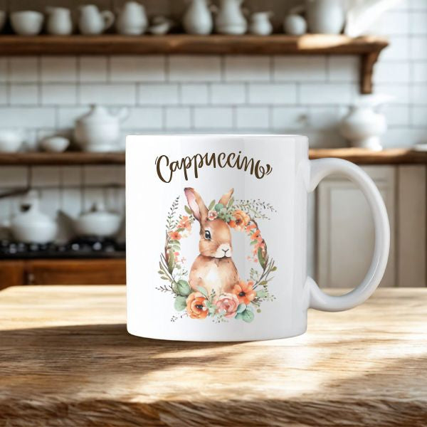 Taza ce café capuchino con diseño de conejito