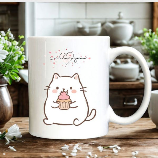 Taza de café con lindo diseño de gatito con postre y frase de amor